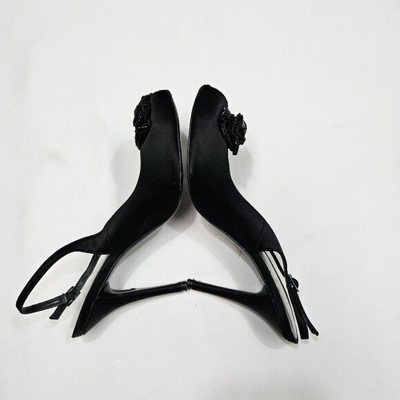 Stuart Weitzman Black Satin Beaded Rosette Peep Toe Slingback Heels Size 10 - Picture 9 of 12